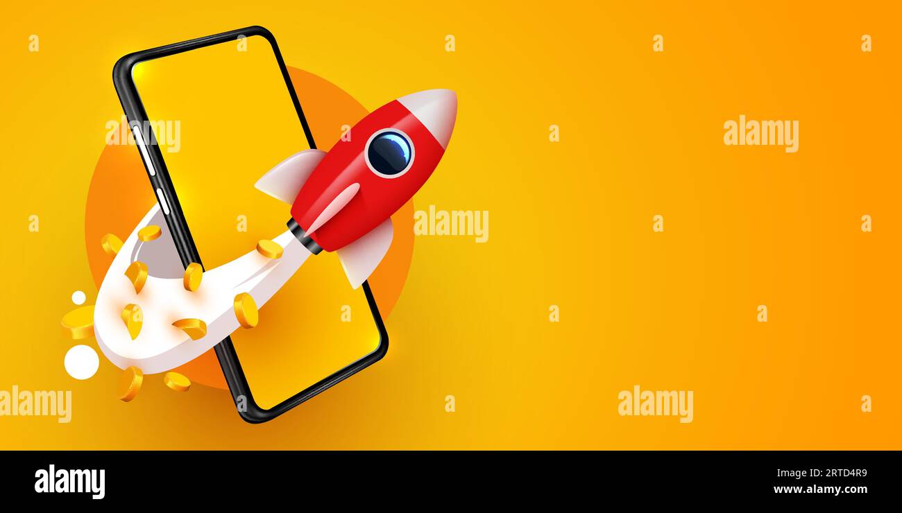 Smartphone con razzo volante e monete d'oro. Concetto di e-commerce. Illustrazione vettoriale Illustrazione Vettoriale