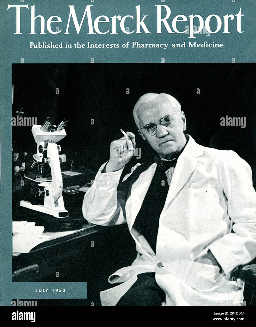 ALEXANDER FLEMING (1881-1955) medico scozzese e microbiologo che scoprì la penicillina sulla copertina di un numero commemorativo del rapporto Merck nel 1955. Foto Stock