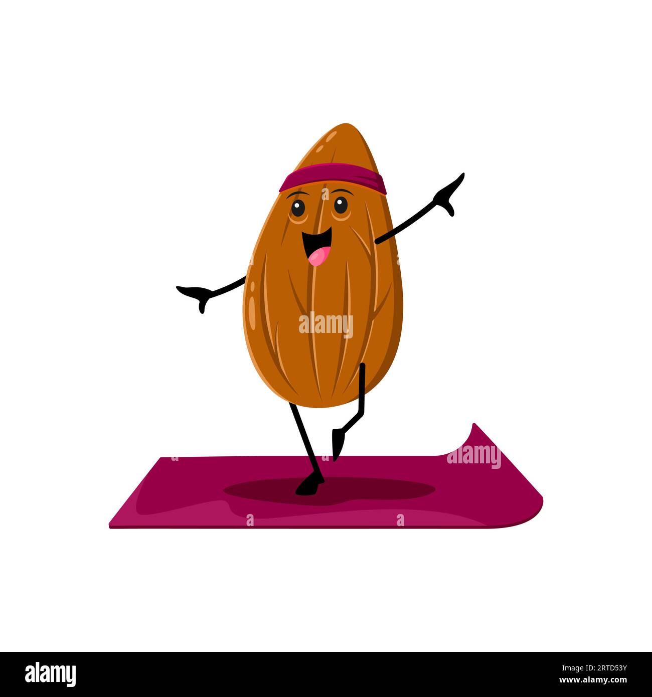 Personaggio cartoni animati di noci di mandorle per lo yoga e lo sport fitness. Vector Happy Seed personage in posa asana sul tappetino. Yogi interi sbucciati isolati naturali Illustrazione Vettoriale