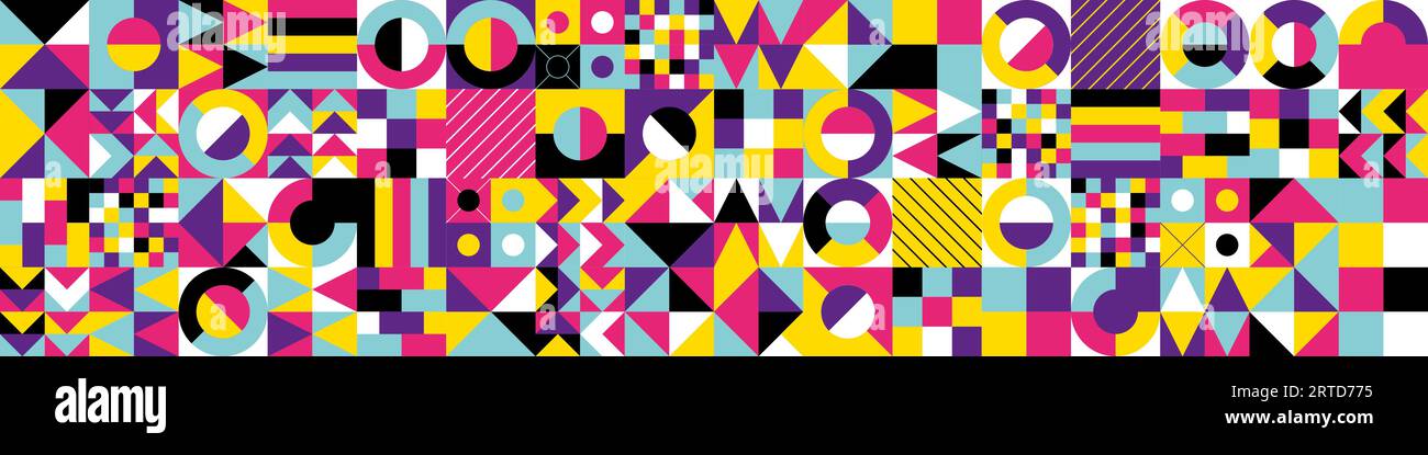 Banner orizzontale griglia bauhaus geometrica astratta. Grafica con combinazione di forme semplici. Motivo Memphis senza cuciture. Sfondo grafico retrò moderno e trendy. Stampa d'arte postmoderna d'epoca con design vettoriale Illustrazione Vettoriale
