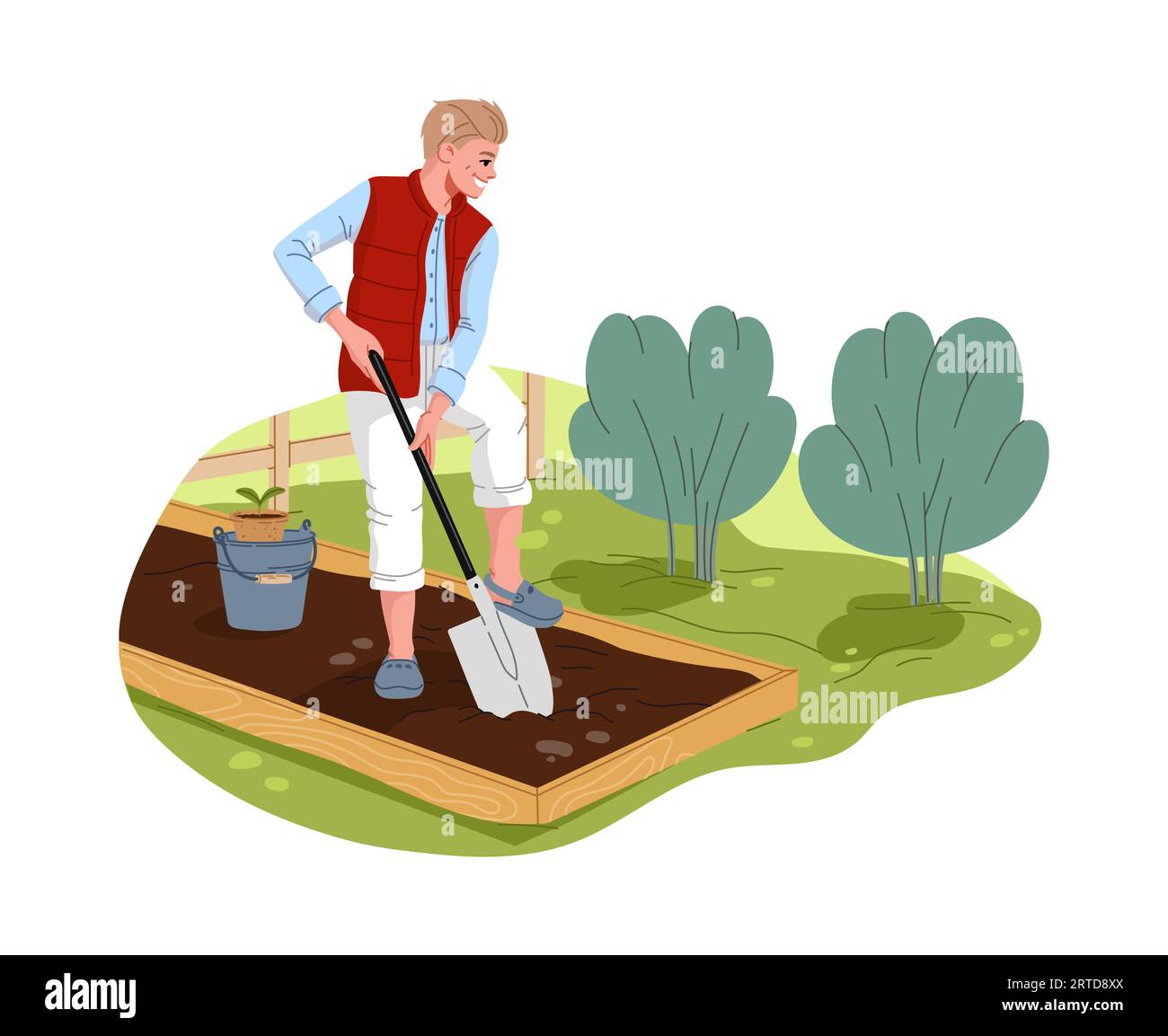 Personaggio dei vignetti coltivatori che piantano ortaggi in fattoria, agricoltura vettoriale e agricoltura. Allegro giovane uomo che scava terra e piantava piantine Illustrazione Vettoriale