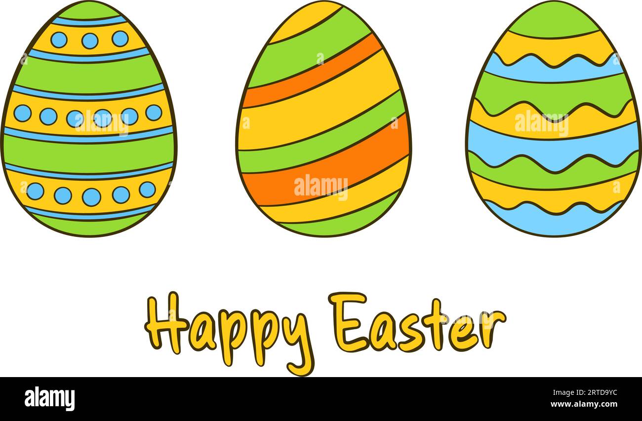 Concetto di biglietto di auguri di Pasqua. Uova di Pasqua colorate. Scritta colorata felice Pasqua Illustrazione Vettoriale