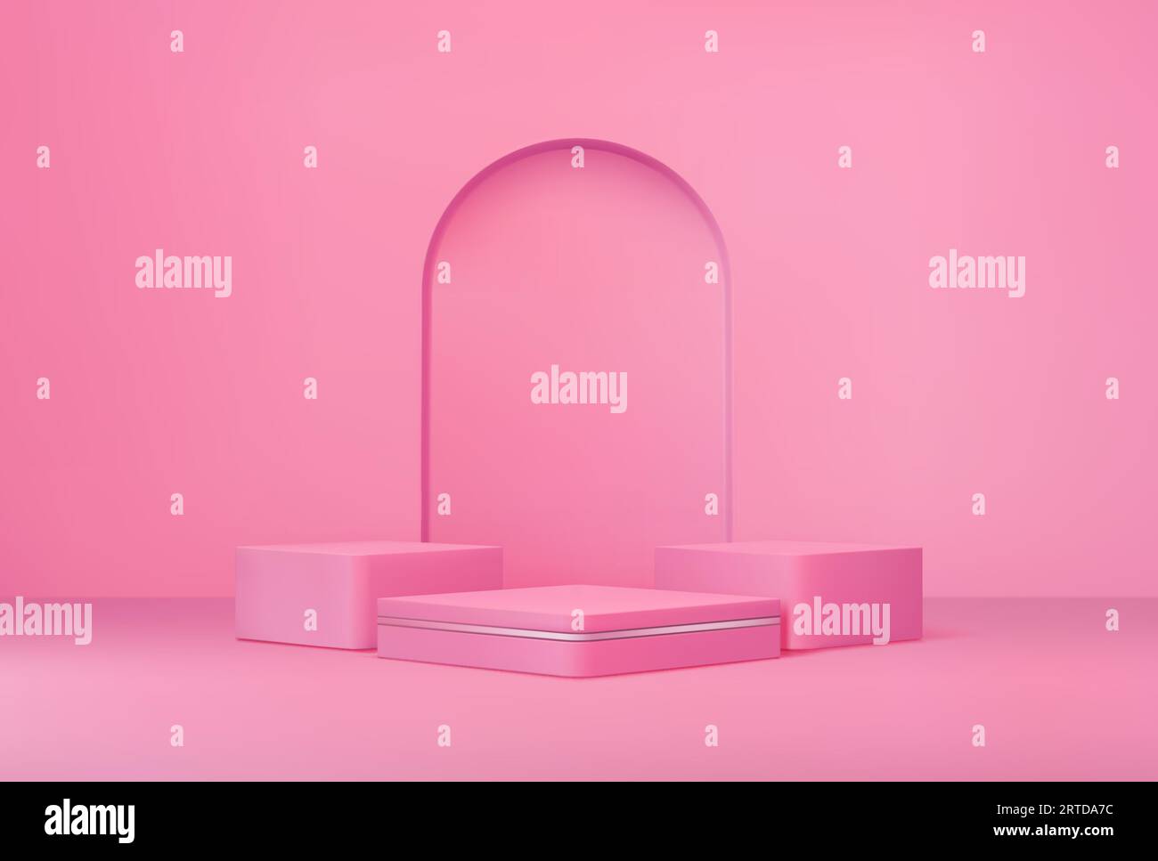 Podio rosa, piattaforma espositiva, scena o palco sullo sfondo vettoriale della parete con arco. modelli di piedistallo quadrati realistici in 3d per prodotti cosmetici, piedistalli vuoti per vetrine per premiazioni o presentazioni di gioielli Illustrazione Vettoriale