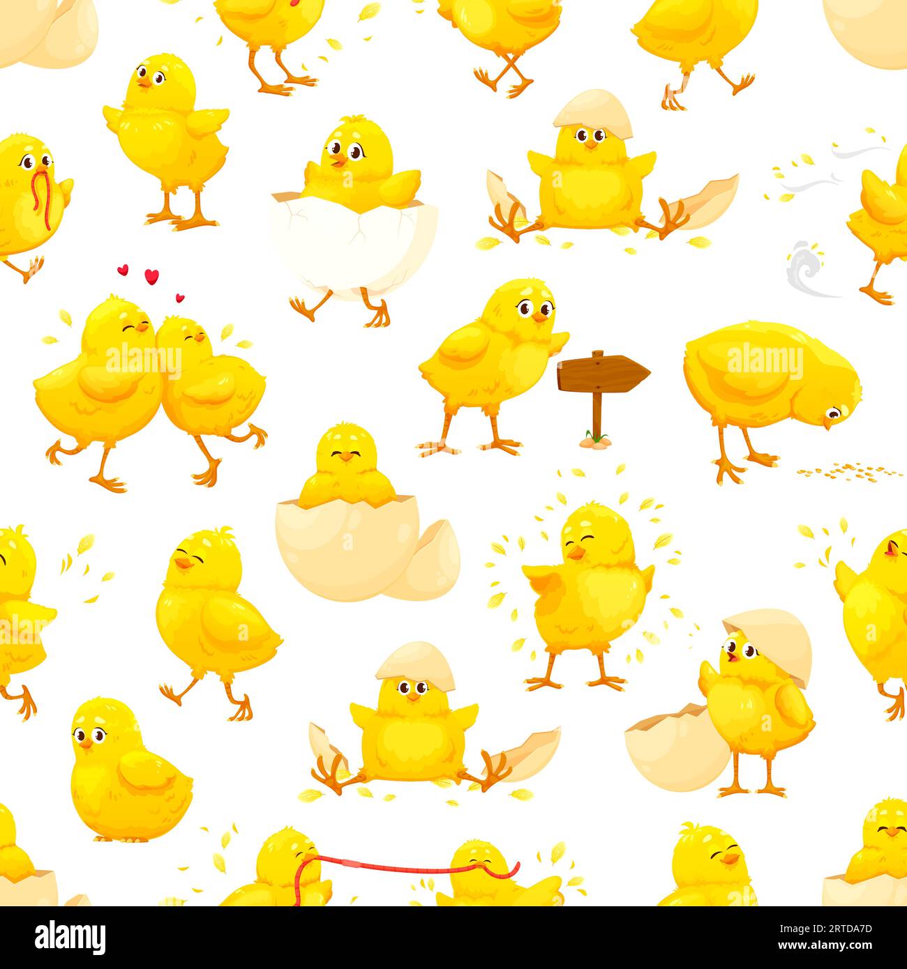 I personaggi dei cartoni animati hanno un motivo senza cuciture. Simpatici personaggi di pollo giallo con gusci d'uovo, vermi e cereali, sfondo vettoriale. Simpatici piccoli pulcini, sfondo pasquale o piastrelle Illustrazione Vettoriale