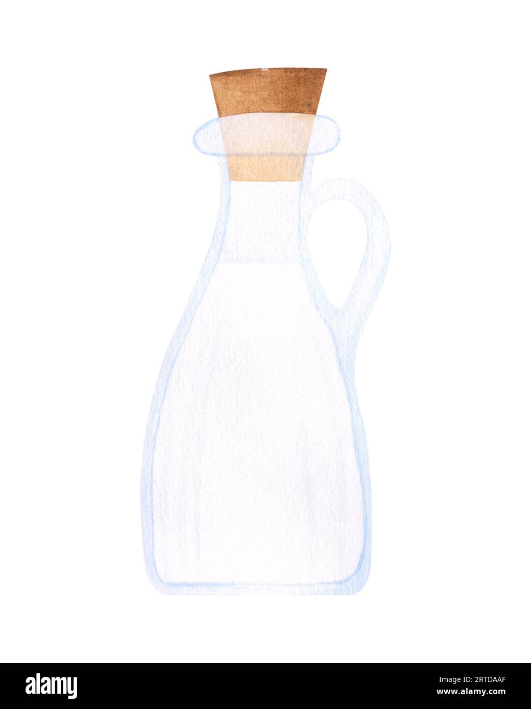 Bottiglia di vetro acquerello con latte o acqua all'interno chiusa con sughero. Illustrazione isolata disegnata a mano per la progettazione Foto Stock