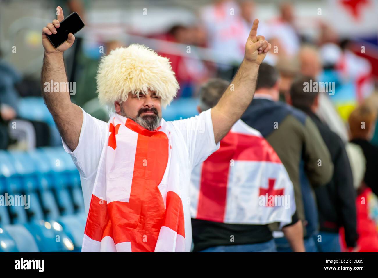 Oslo, Norvegia, 12 settembre 2023. Tifoso georgiano prima della partita di qualificazione Euro 2024 tra Norvegia e Georgia allo stadio Ullevål di Oslo. Crediti: Frode Arnesen/Alamy Live News Foto Stock