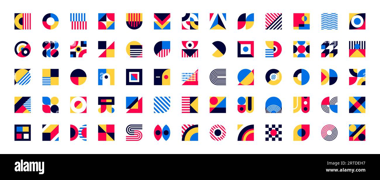 Elementi Bauhaus, serie di forme astratte vettoriali. Elementi grafici vivaci e colorati, semplici forme geometriche minimali per web design, poster art, stampa decorativa, lettera di invito, creazione di sfondo Illustrazione Vettoriale