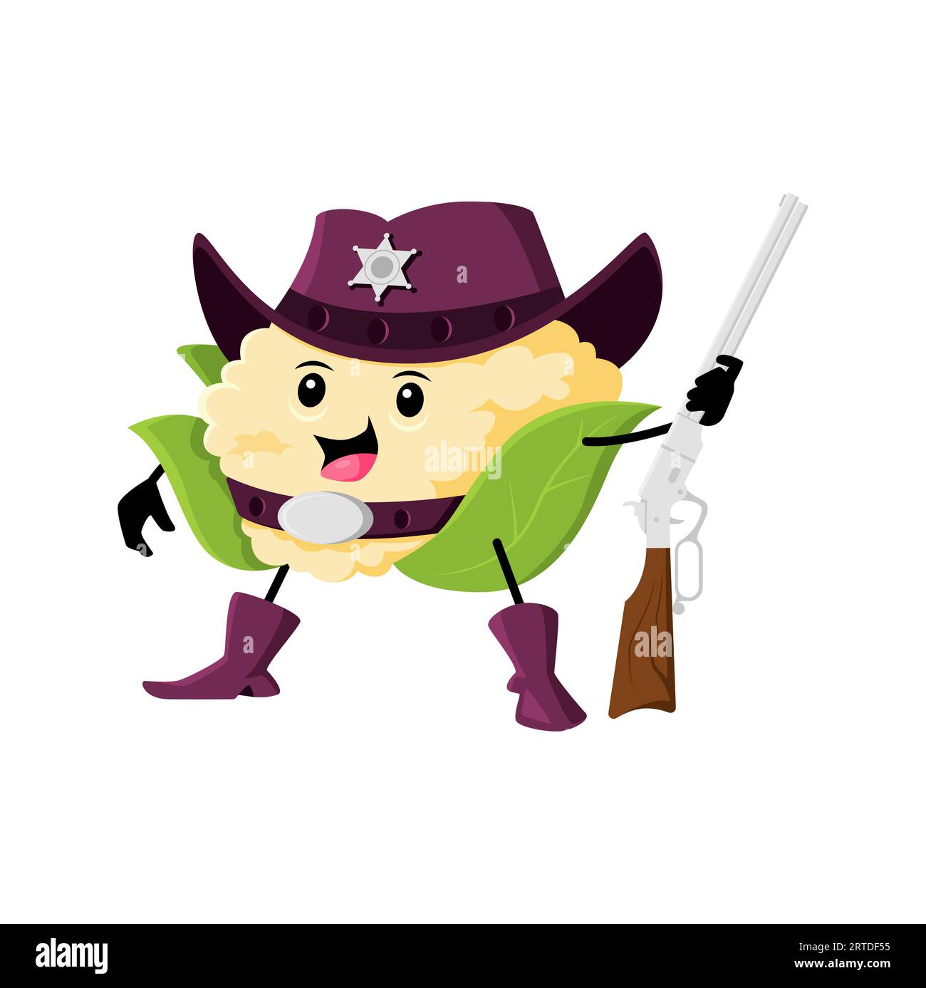 Cartoni animati, sceriffo di cavolfiore, cowboy o personaggio ranger. Divertente agente di polizia occidentale con fucile. Le verdure indossano cappello, guanti e stivali, cavaliere in guardia della legge Illustrazione Vettoriale