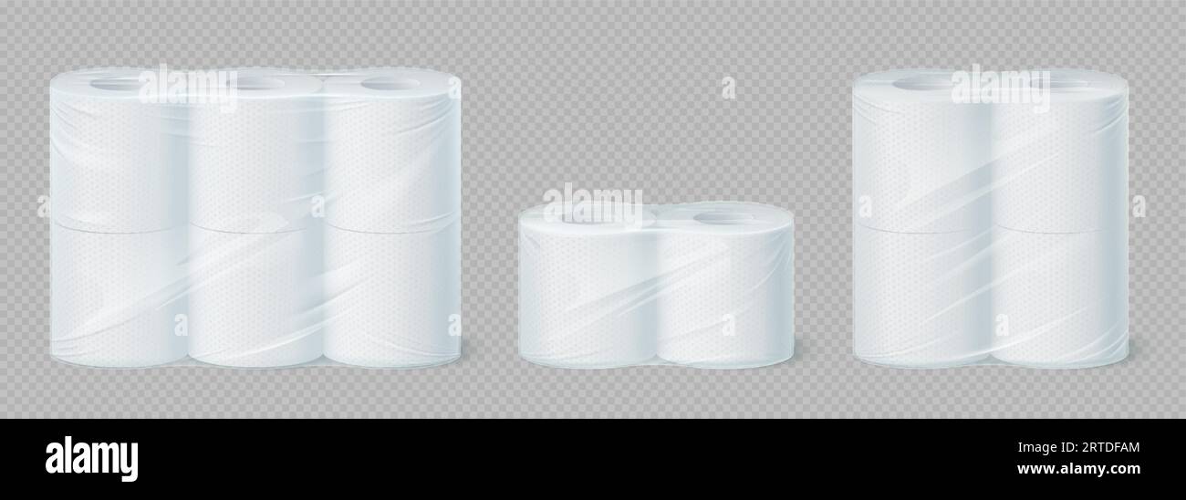 Carta assorbente realistica, igiene. Rotoli di tessuto vettoriale 3d isolati confezionati in un involucro di plastica. Articoli essenziali per il bagno o la cucina, che offrono comfort e pulizia per le esigenze sanitarie personali Illustrazione Vettoriale