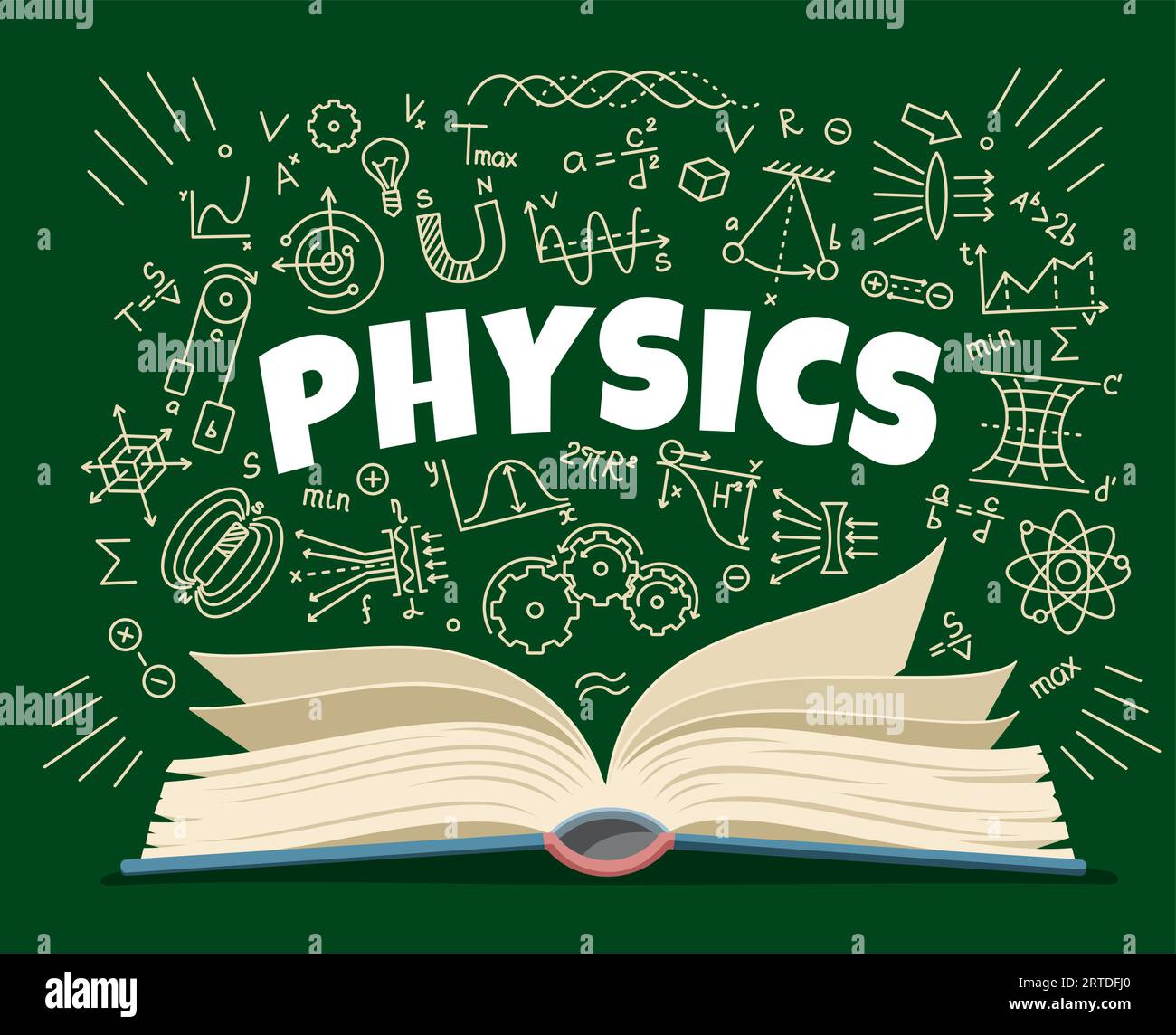 Manuale di fisica e formule sullo sfondo vettoriale della scheda scolastica. Fisica scienze educazione disegni gesso simboli, leggi fisiche, grafici teorici, magnete e prisma su lavagna con libro aperto per studenti Illustrazione Vettoriale