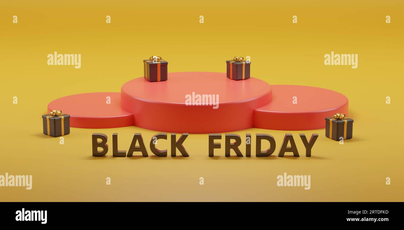 Podio rosso con testo del Black Friday e confezioni regalo su sfondo giallo. illustrazione 3d. Foto Stock
