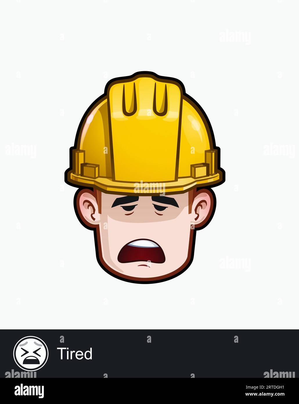 Icona del volto di un operaio edile con un'espressione emotiva stanca. Tutti gli elementi sono ordinati su livelli e gruppi ben descritti. Illustrazione Vettoriale
