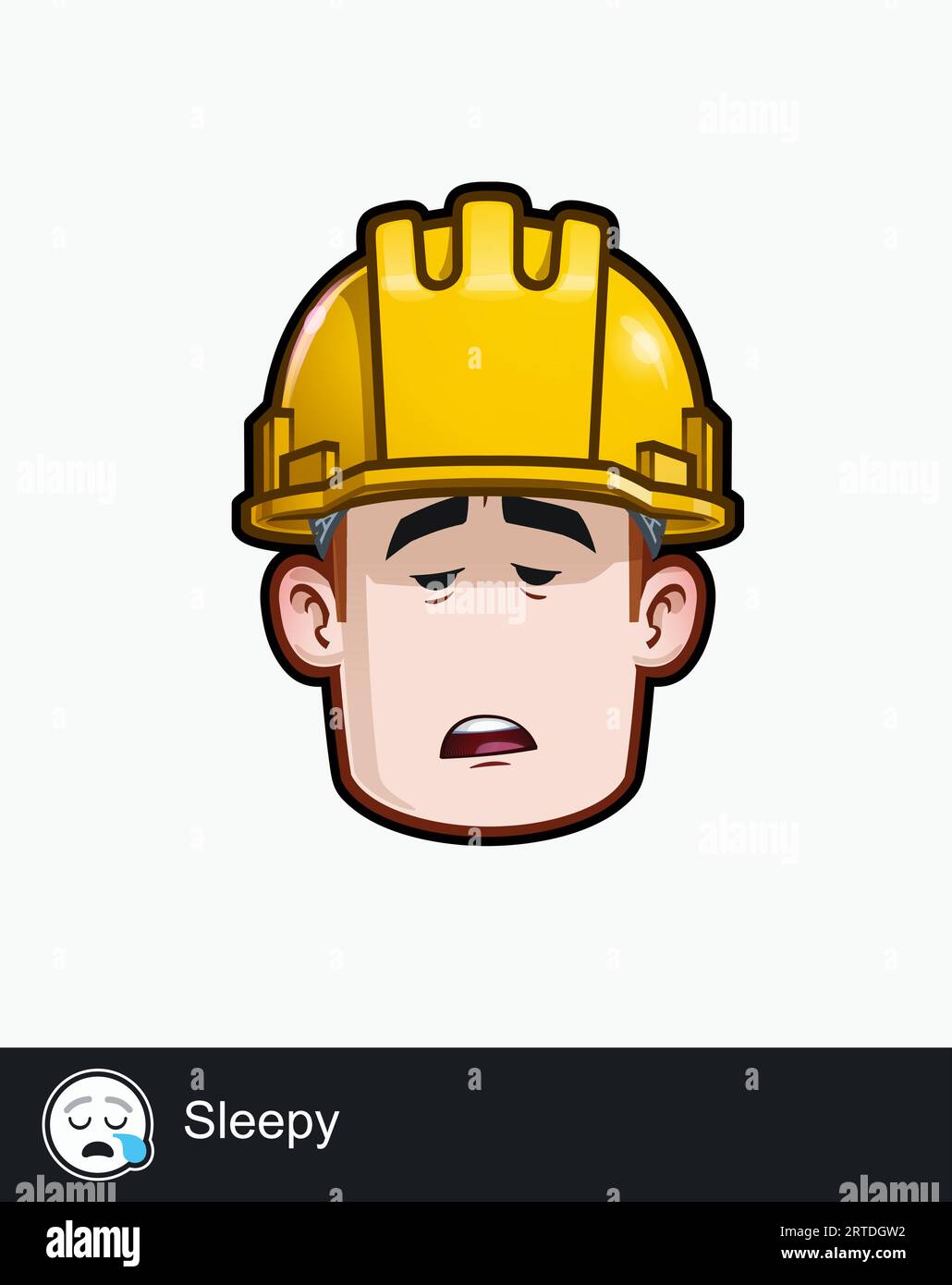 Icona del volto di un operaio edile con un'espressione emotiva Sleepy. Tutti gli elementi sono ordinati su livelli e gruppi ben descritti. Illustrazione Vettoriale