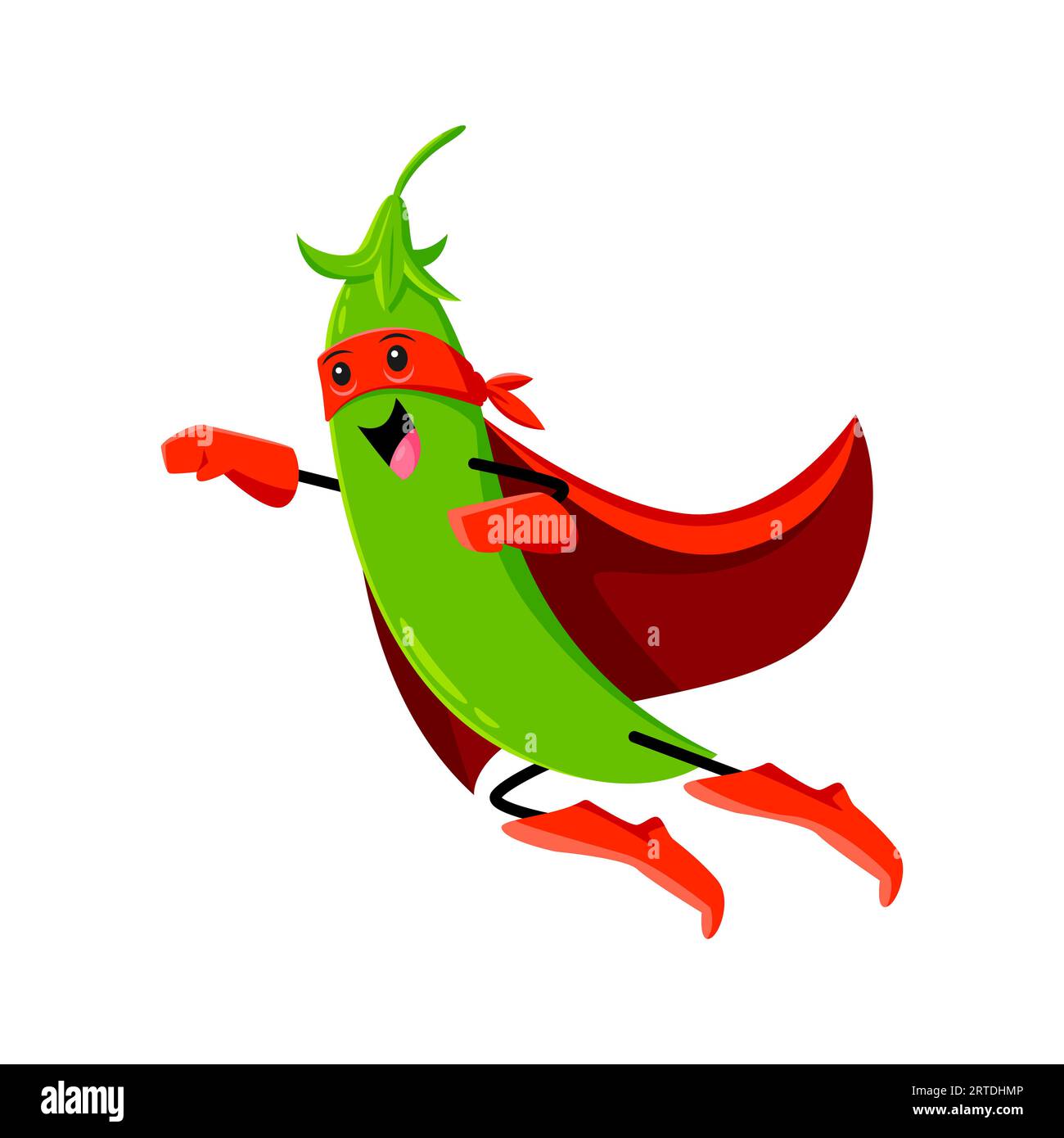 Il legume dei cartoni animati o il supereroe del pisello verde, che vola con un'espressione determinata sul volto, indossa un mantello rosso e combatte il male con una forza sovrumana, alimentata da una dieta a base di fagioli e noci nutrienti Illustrazione Vettoriale