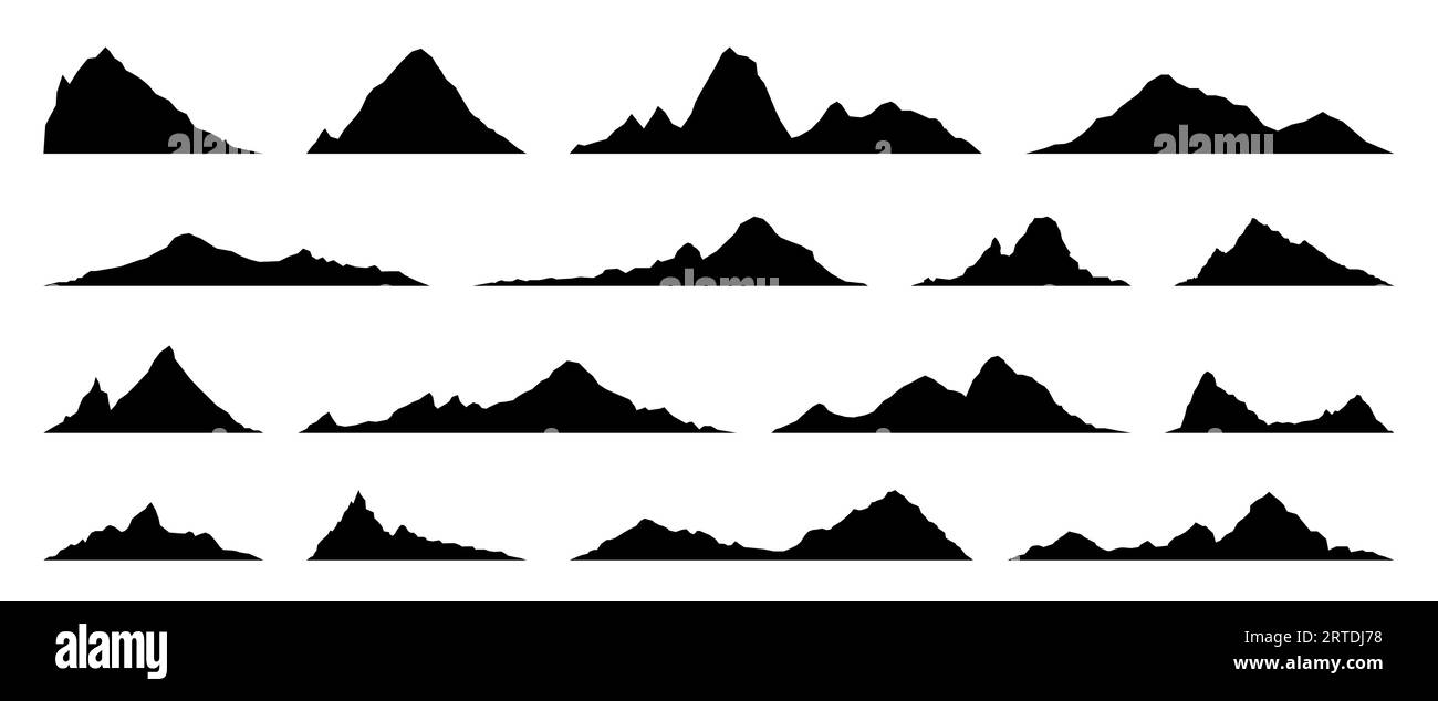 Sagome isolate di Black Hill, rock e mountain. Contorno rilievo, vette montuose o ambiente naturale confine vettoriale con cime alpine, collezione di sagome collinari Illustrazione Vettoriale