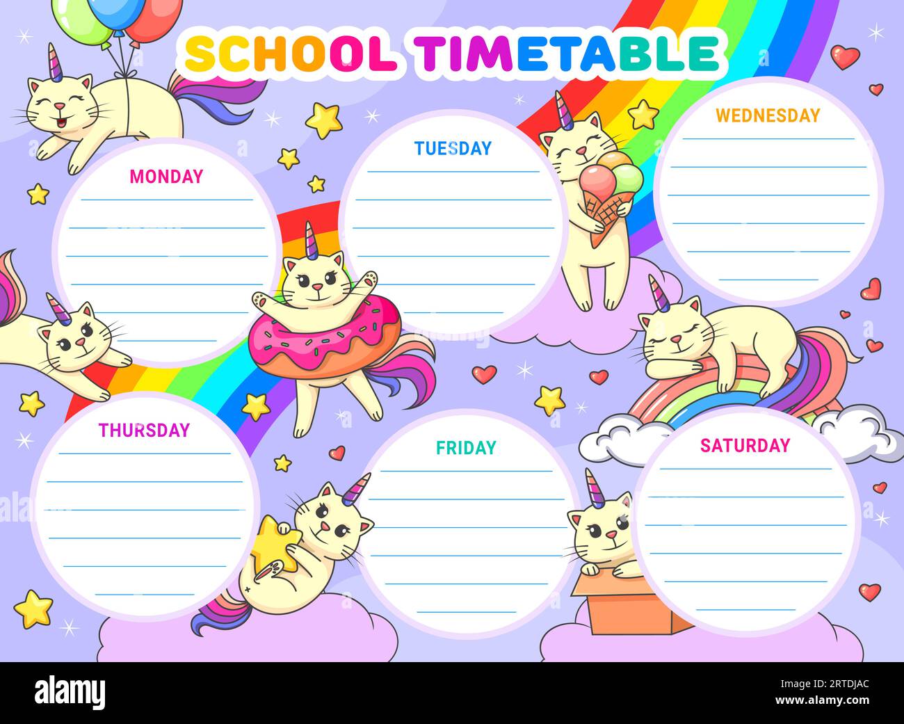 Programma con cartoni animati gattini e personaggi gattini, arcobaleno nel cielo. Programma settimanale vettoriale delle lezioni scolastiche o pianificatore con simpatici gatto unicorno e simpatici personaggi di caticorno sull'arcobaleno Illustrazione Vettoriale