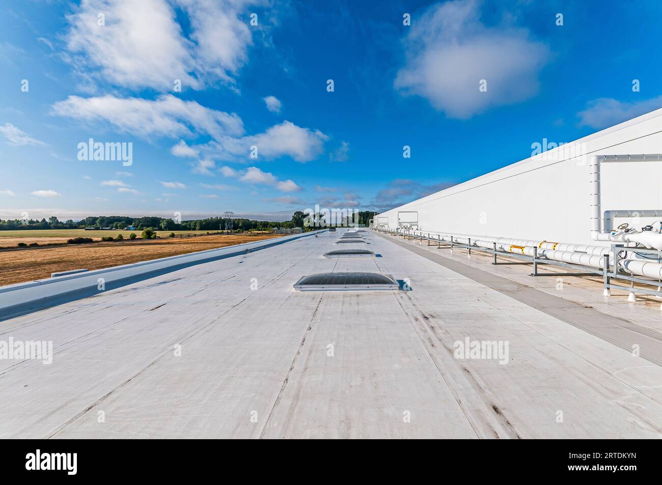 Tubazioni isolate bianche montate sul tetto di un impianto di stoccaggio a freddo, per il trasporto di liquidi e gas. I lucernari sono mostrati sul tetto piatto. Foto Stock