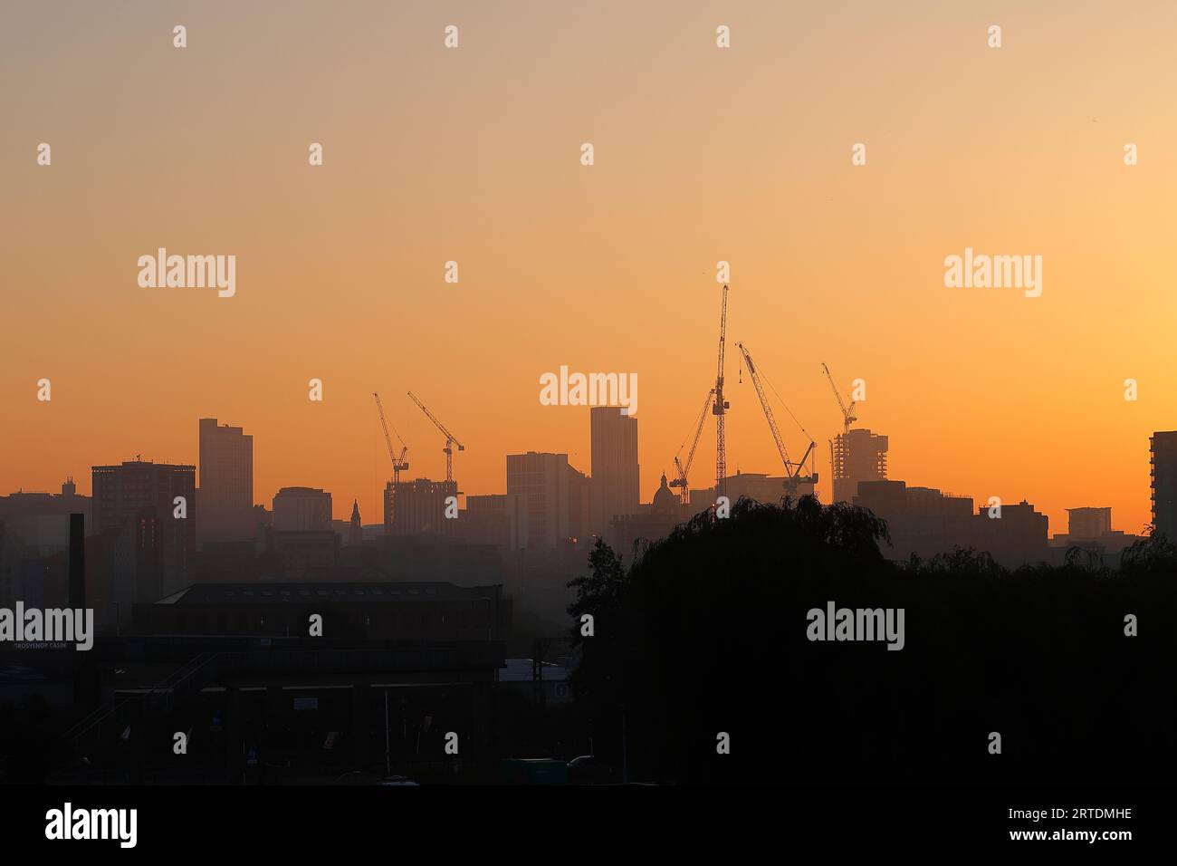 Una vista del centro di Leeds all'alba con gru a torre su vari progetti di costruzione Foto Stock