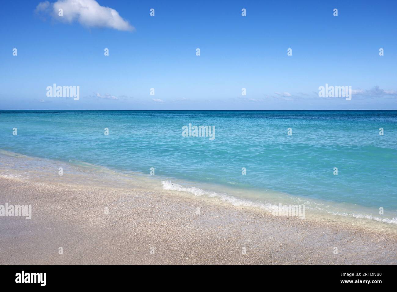 Spiaggia di mare vuota con sabbia bianca, vista delle onde azzurre e del cielo blu con nuvole. Costa caraibica, sfondo per vacanze in una natura paradisiaca Foto Stock