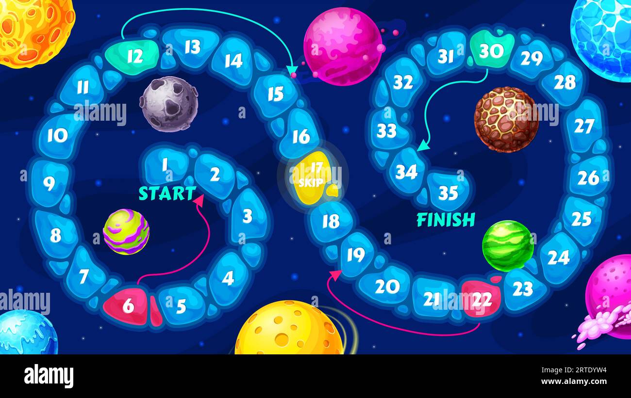 Galaxy Kids board labirinto, pianeti spaziali gioco passo dopo passo. Gioco di avventura vettoriale cartoni animati con percorso a blocchi, numeri, inizio e fine. L'enigma educativo dei bambini per le attività ricreative della scuola del gioco Illustrazione Vettoriale