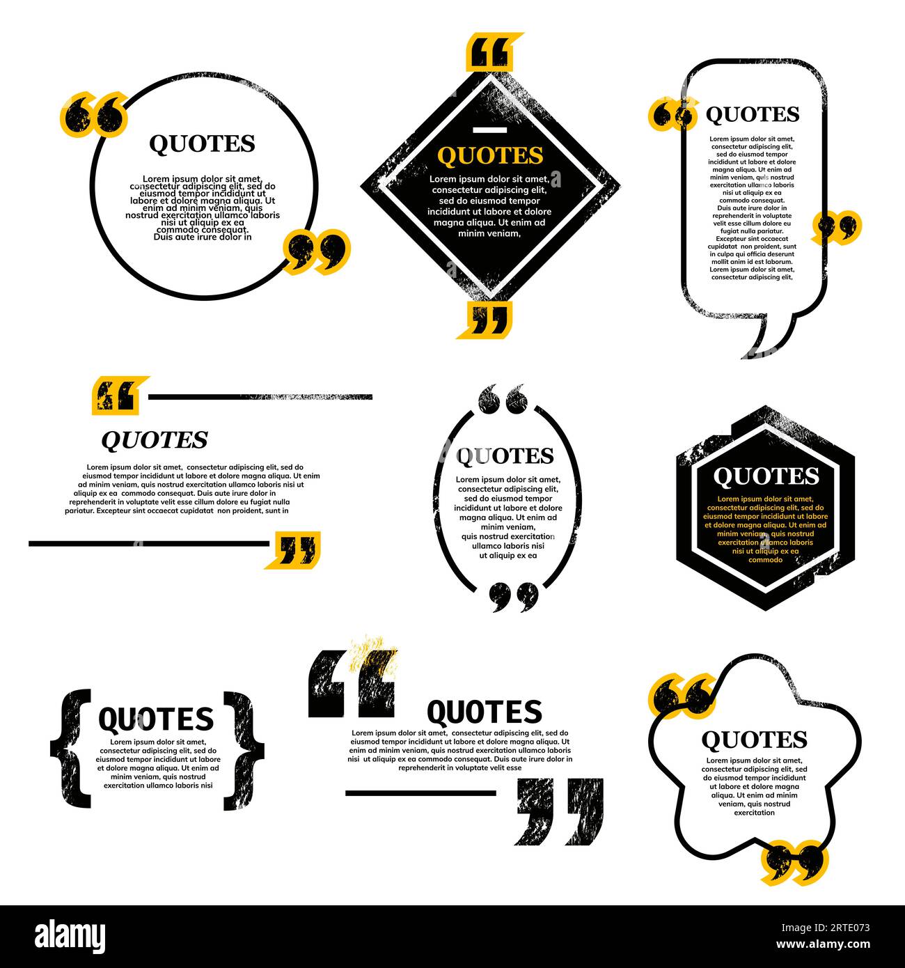 Citazione di bolle e caselle, messaggi di chat, commenti e note. Set vettoriale di virgolette e bolle vocali, modello di layout vuoto, frame. Nota, citazione di virgolette e raccolta di testo didascalia Illustrazione Vettoriale