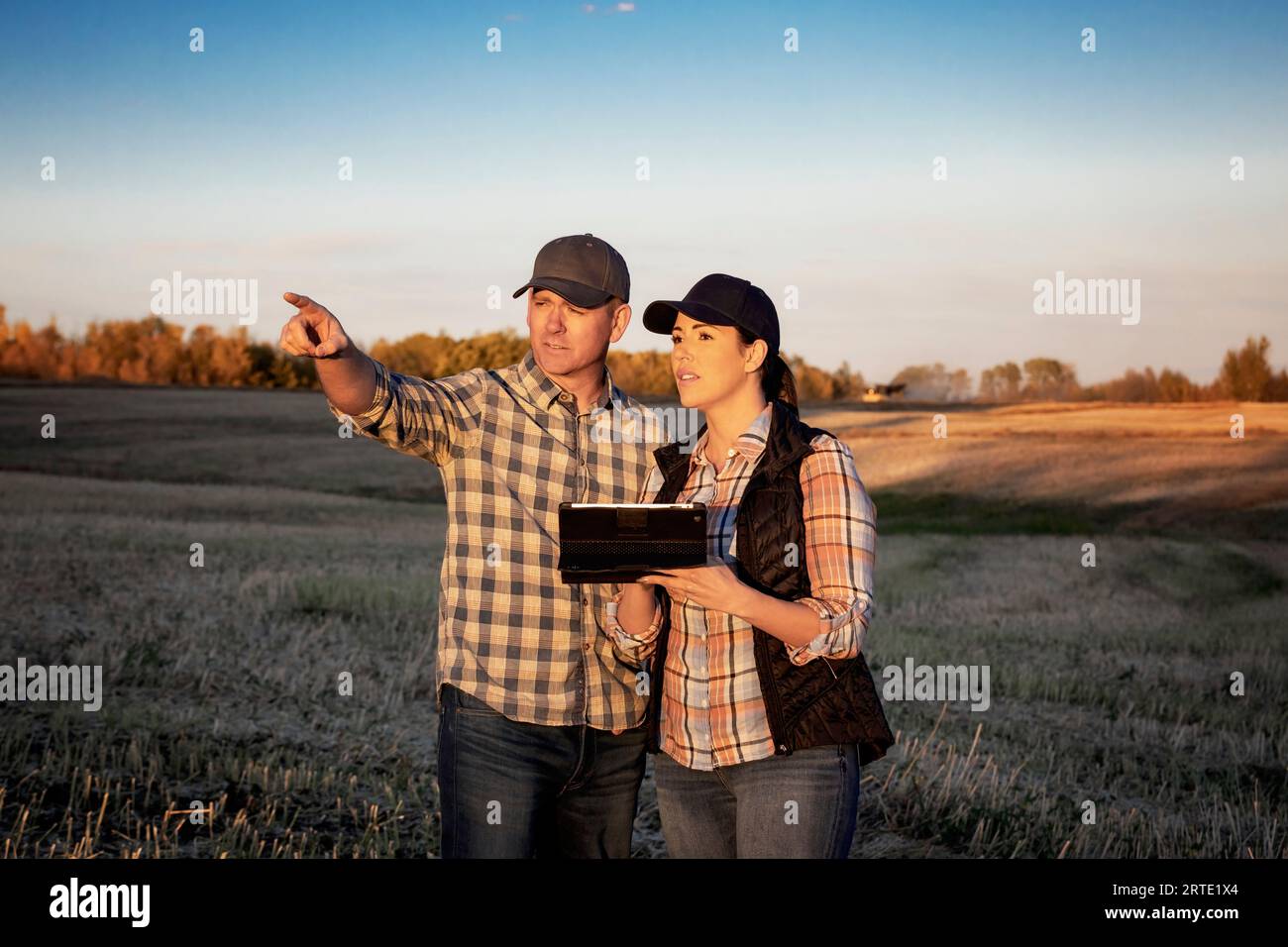 Un marito e una moglie in piedi nei campi al crepuscolo che utilizzano un dispositivo wireless portatile per gestire e monitorare la resa durante la loro caduta, canola ha... Foto Stock
