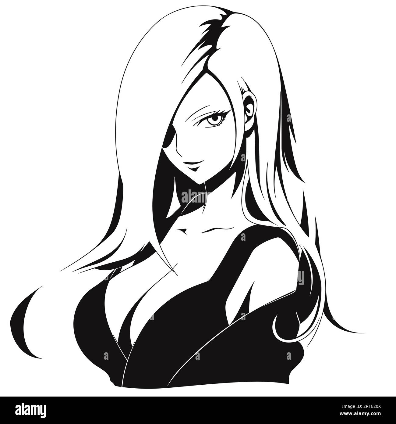 Graziosa e sexy ragazza anime piatta vettoriale in bianco e nero Illustrazione Vettoriale