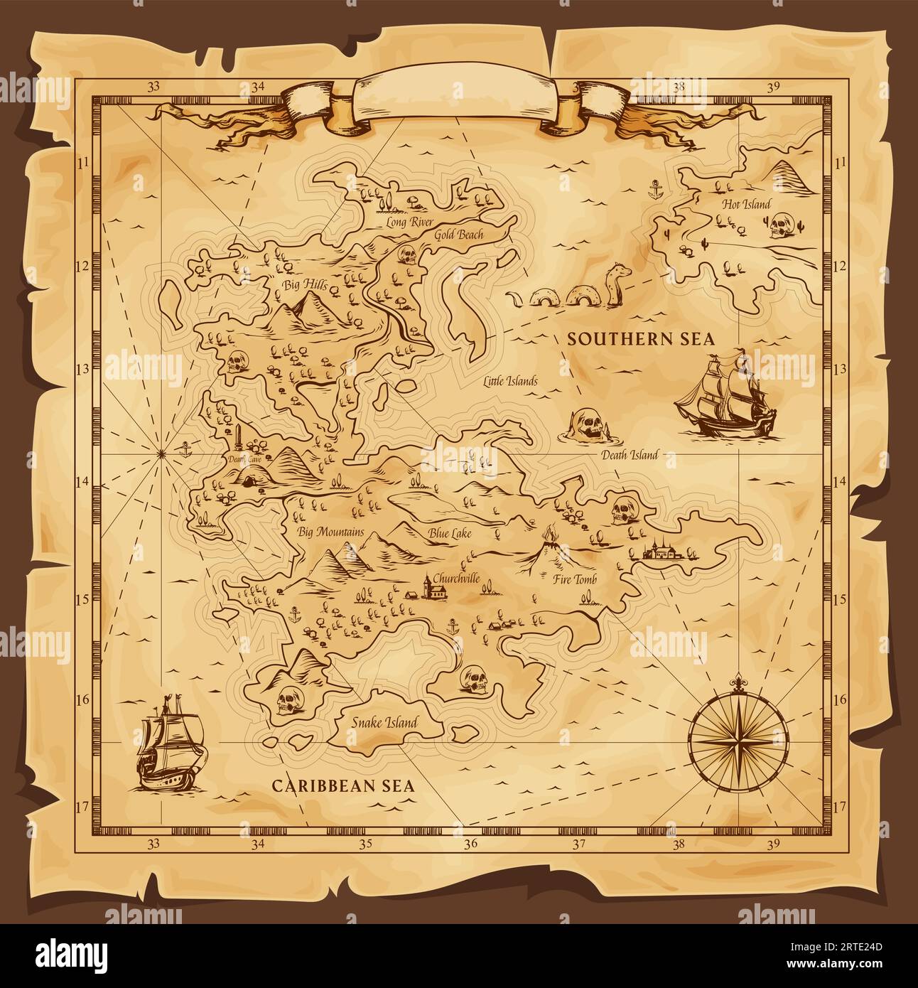 Vecchia mappa, pergamena vettoriale con mare caraibico e meridionale, navi, isole e terra, rosa del vento e punti cardinali. Fantasy World, mappa dei pirati in carta grunge d'epoca con luoghi di viaggio e mostro Illustrazione Vettoriale