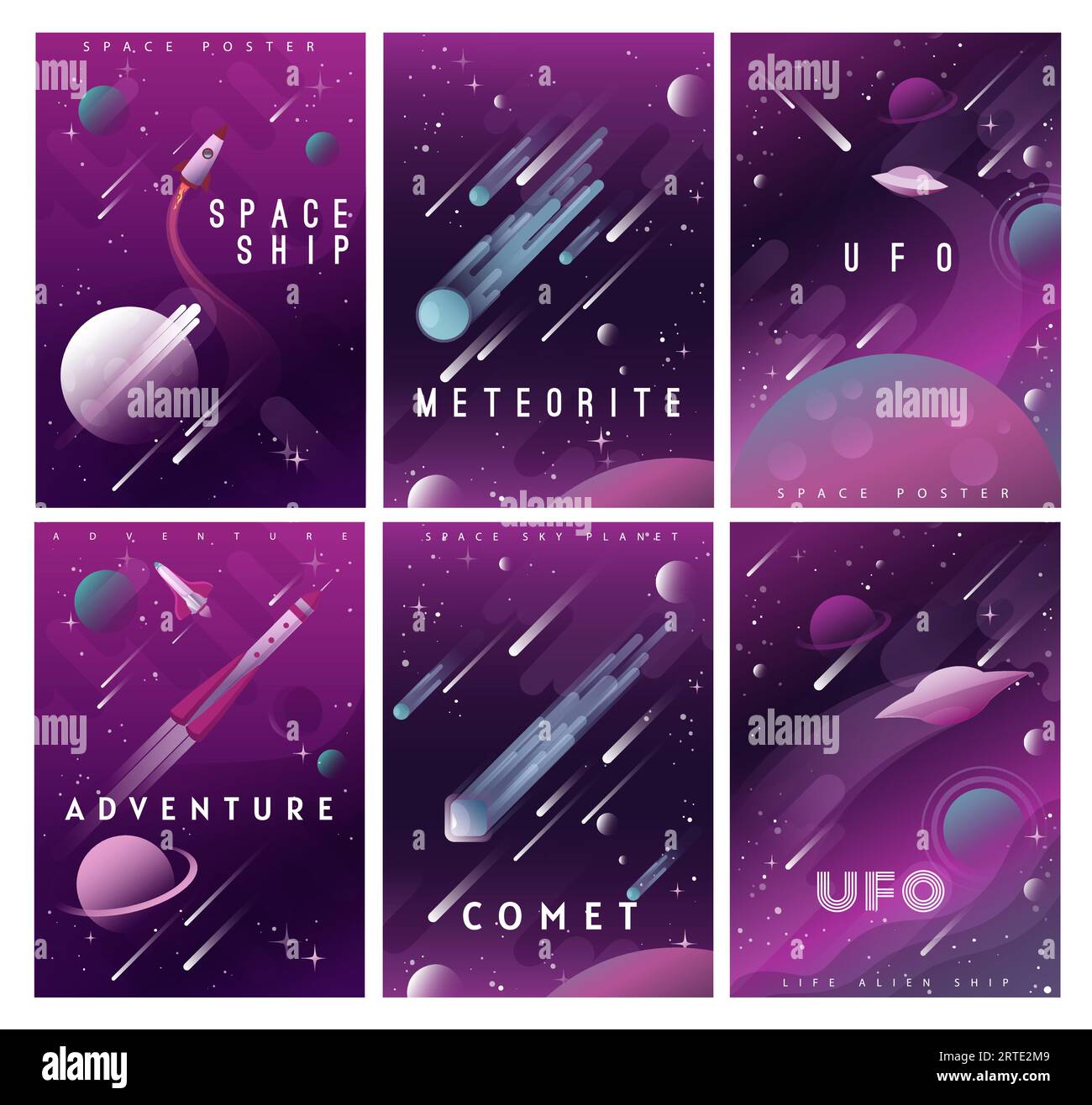 Manifesti vettoriali spaziali con pianeti piatti, razzi, comete e stelle galassiche, UFO dell'universo alieno, astronave, meteoriti e navette. Viaggi nello spazio, avventura e design scientifico astronomico Illustrazione Vettoriale