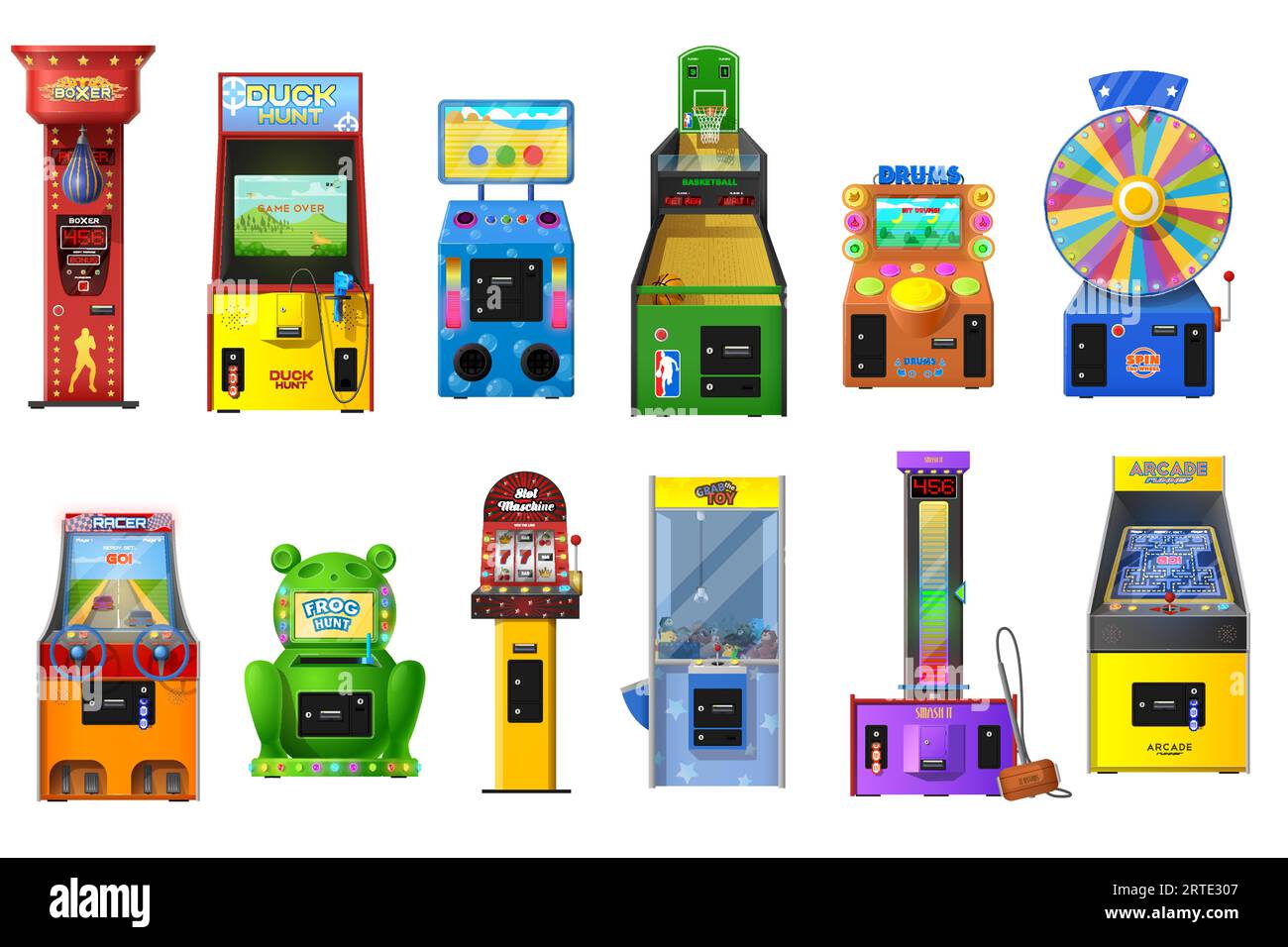 Videogioco vettoriale con videogiochi, slot casinò, gru a artiglio e ruota della fortuna. Pallacanestro, caccia all'anatra, corse, tester di forza, macchine a gettoni con schermi pixel, pulsanti e joystick Illustrazione Vettoriale