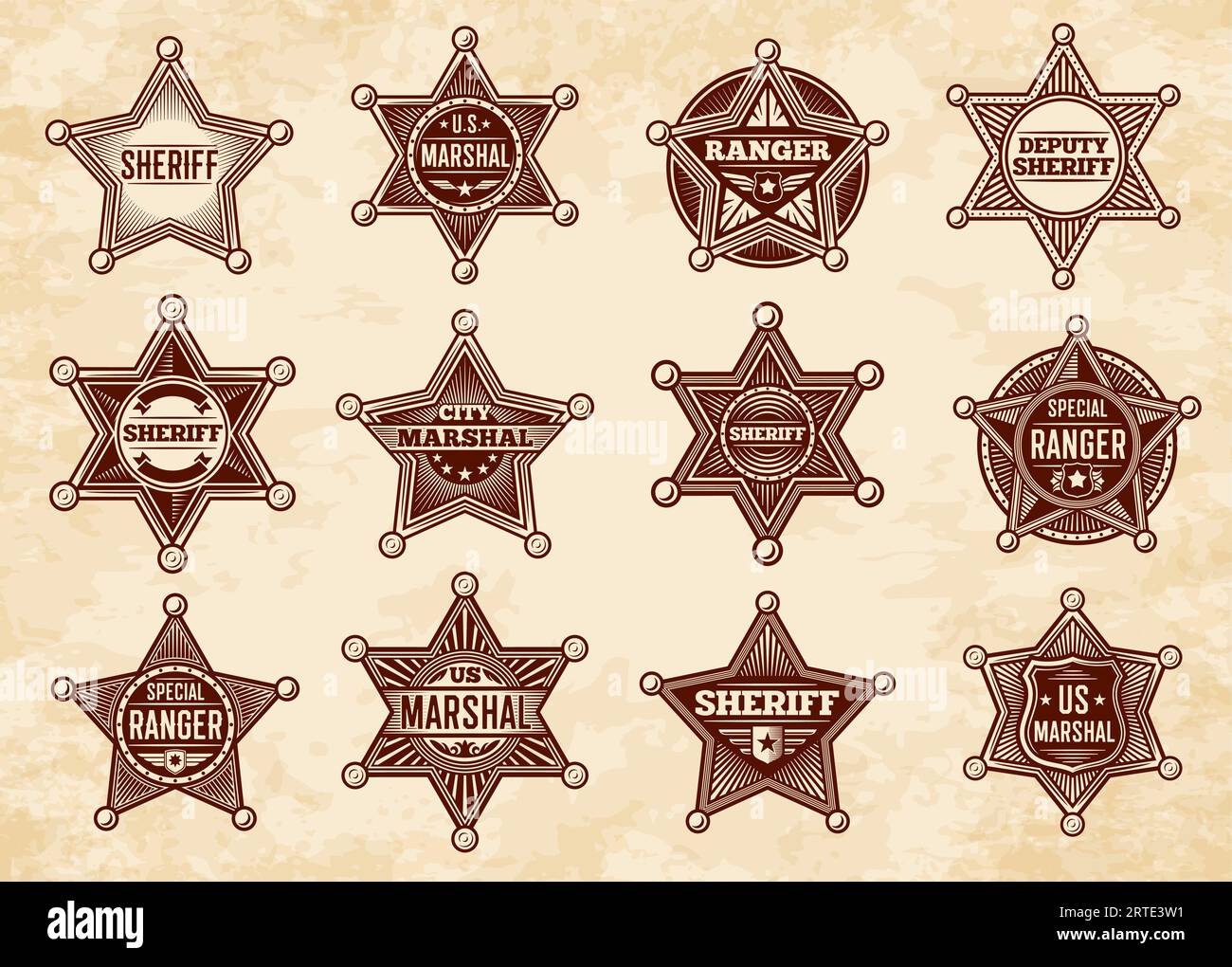 Sceriffo, sceriffo e ranger star, distintivi vettoriali. Insegne vintage della polizia del selvaggio West Us. Elementi grafici di design, insegne di uomini di legge americani su sfondo di carta, set di stelle a cinque o sei punte Illustrazione Vettoriale