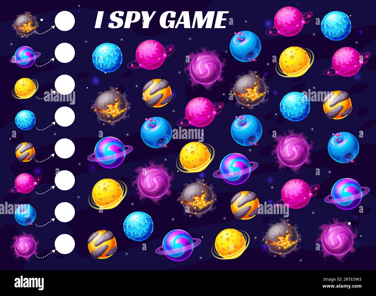 Pianeti spaziali galattici, labirinto di giochi per bambini o puzzle da tavolo, vettoriale. I bambini trovano e si abbinano al gioco da tavolo o io spio con pianeti spaziali, asteroidi cosmici e meteore di ghiaccio, lava di fuoco e crateri Illustrazione Vettoriale
