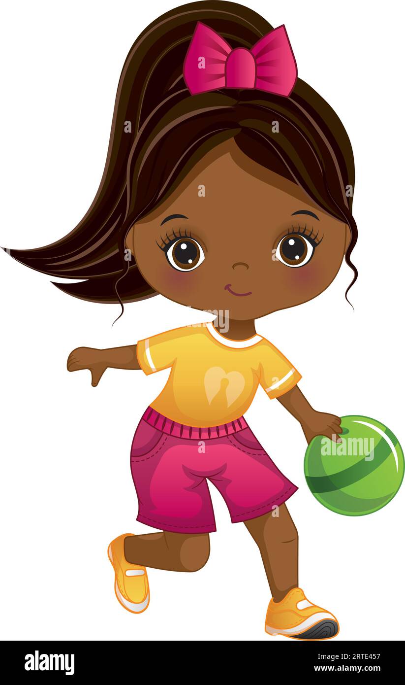 Vector Cartoon African American Girl Bowling Illustrazione Vettoriale