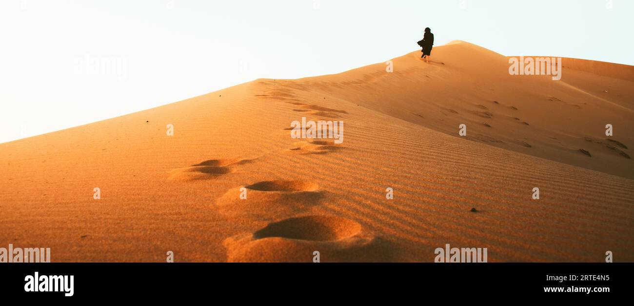 Giovane bella donna in abito lungo cammina lungo le dune di sabbia nel deserto del Medio Oriente Foto Stock