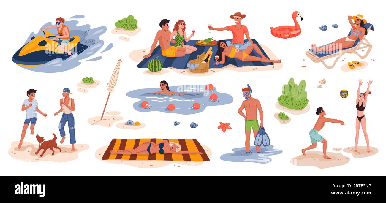 Persone in vacanza estiva al mare. Personaggi vettoriali in stile piatto di turisti sulla riva, uomini e donne che prendono il sole, giocano a pallavolo e fanno picnic sulla spiaggia, nuotano, immersioni e scivoli in moto d'acqua Illustrazione Vettoriale