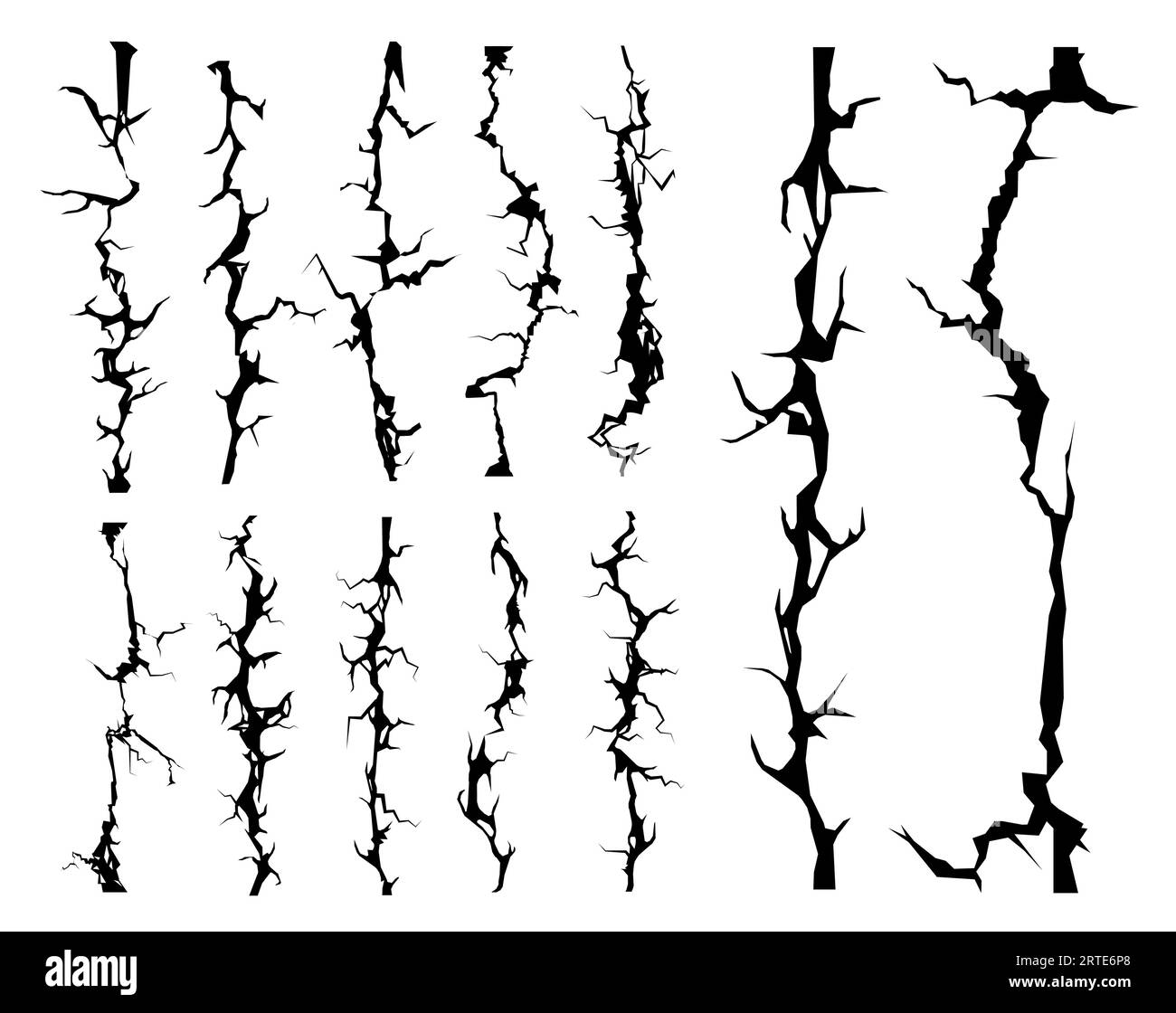 Crepe sulle pareti rotte, fenditure e crepe, effetti vettoriali senza interruzioni per lo sfondo. Rottura delle pareti e crepe sismiche, fessure di terra spaccate e crepe di distruzione di cemento o danni incrinati Illustrazione Vettoriale