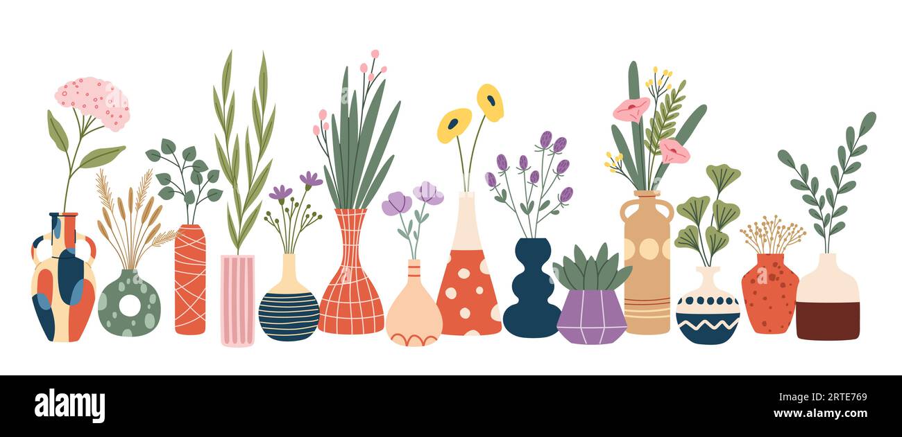 Vasi di fiori scandinavi con mazzi di piante primaverili e fiori. Vasi Vector hygge, vasi in ceramica, bottiglie, lattine e brocche con motivo astratto, erbe secche, foglie, ortensie e fiori di begonia Illustrazione Vettoriale