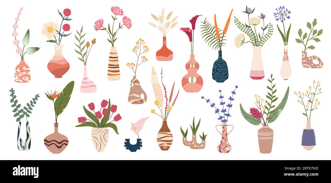 Vasi di fiori scandinavi, mazzi di piante in vasi, vettoriali, foglie floreali in vaso di fiori. Fiori secchi in ceramica, vasi in ceramica per la casa con decorazioni scandinave di tulipano, ornamenti rosa o motivi a foglia verde Illustrazione Vettoriale