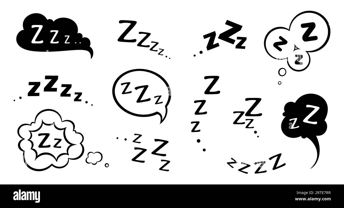 ZZZ zzzz letto sonno russare, snooze sonoro Z icone nuvola vettoriale bolle. Sonnolente sbadiglio o insonnia e sveglia ZZZ Dodle line icone di una buona notte di sonno profondo, russare e snooze espressioni Illustrazione Vettoriale