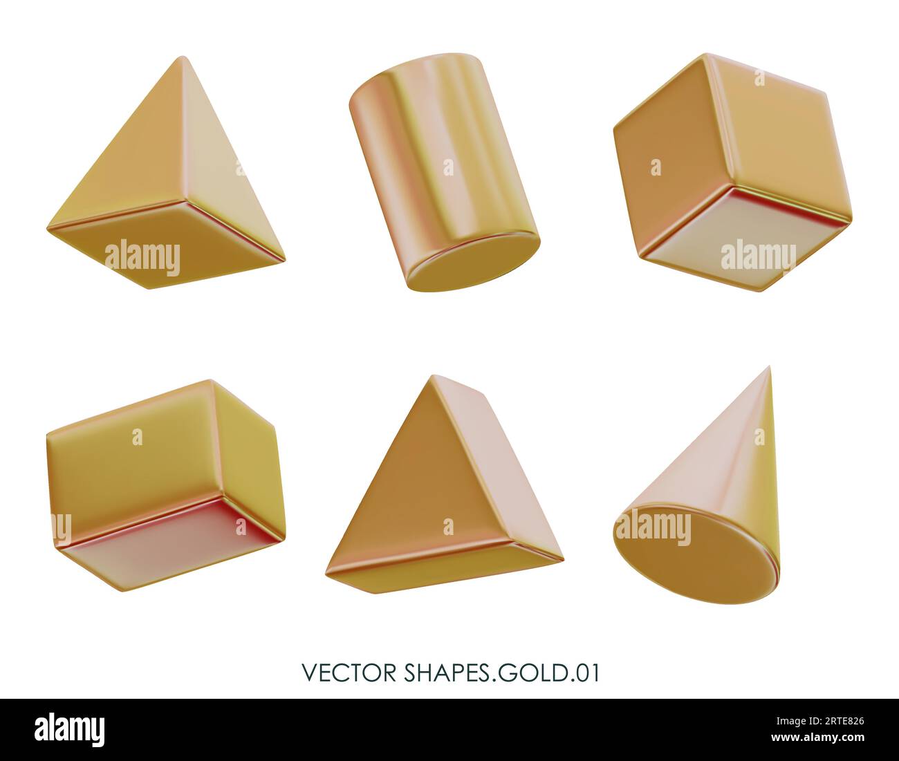 Rendering realistico 3D delle figure d'oro. Oggetti di design metallici gialli. Forme geometriche decorative vettoriali. Cubo, cono, cilindro. Isolato su uno sfondo bianco Illustrazione Vettoriale