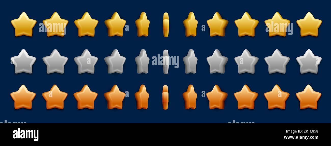 Argento, oro, stella di bronzo ruotano. Foglio di sprite animato del gioco con stelle vettoriali 3D. Effetto animazione per videogiochi con premio vincitore rotante, cornice di sequenza bonus e medaglia di classifica, risorse gui Illustrazione Vettoriale
