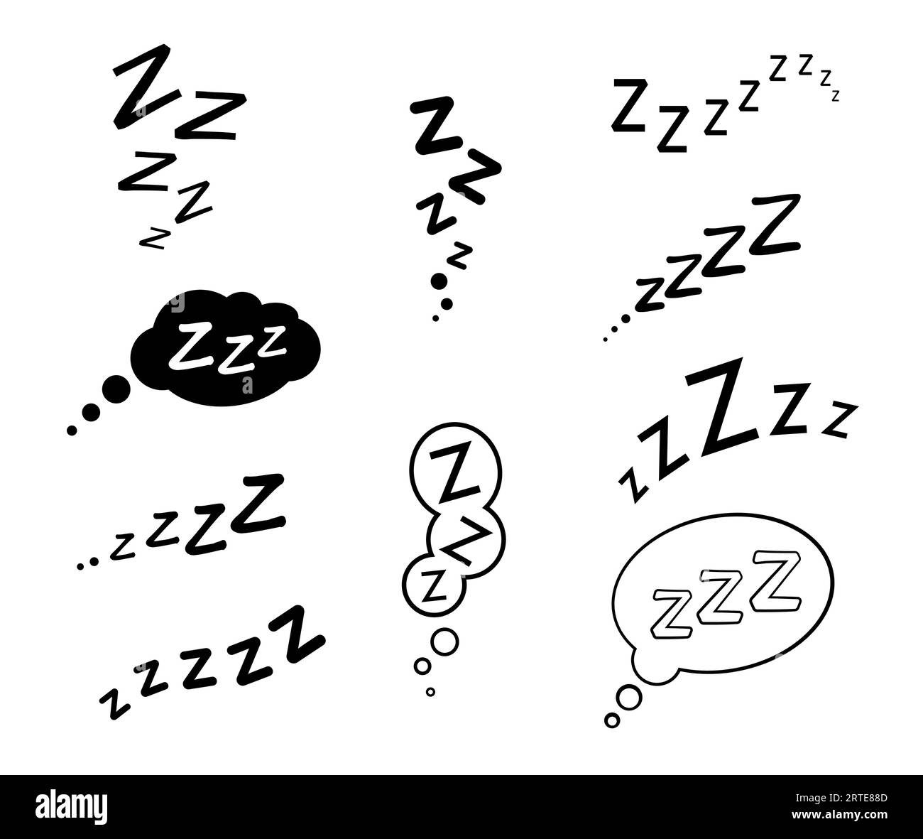 ZZZ, zzzz letto sonno russano icone con bolle nuvole vettoriali. Segnali isolati di sonno, pisolino, riposo, relax, effetti sonori da sogno del sonno. Apnea o russare fumetti palloncini vocali, onomatopea Illustrazione Vettoriale