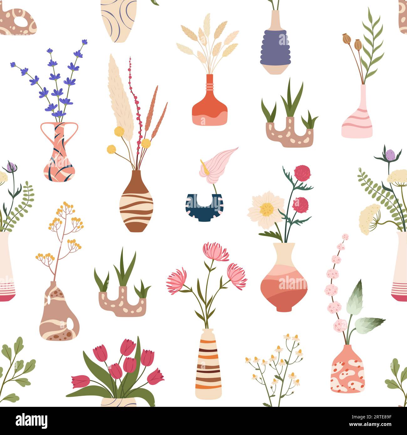 Vasi da fiori scandinavi con motivo senza cuciture di ceramiche hygge vettoriali, vasi in vetro, bottiglie e caraffe. Sfondo floreale con bouquet di fiori da giardino, piante ed erbe, foglie verdi e fiori secchi Illustrazione Vettoriale