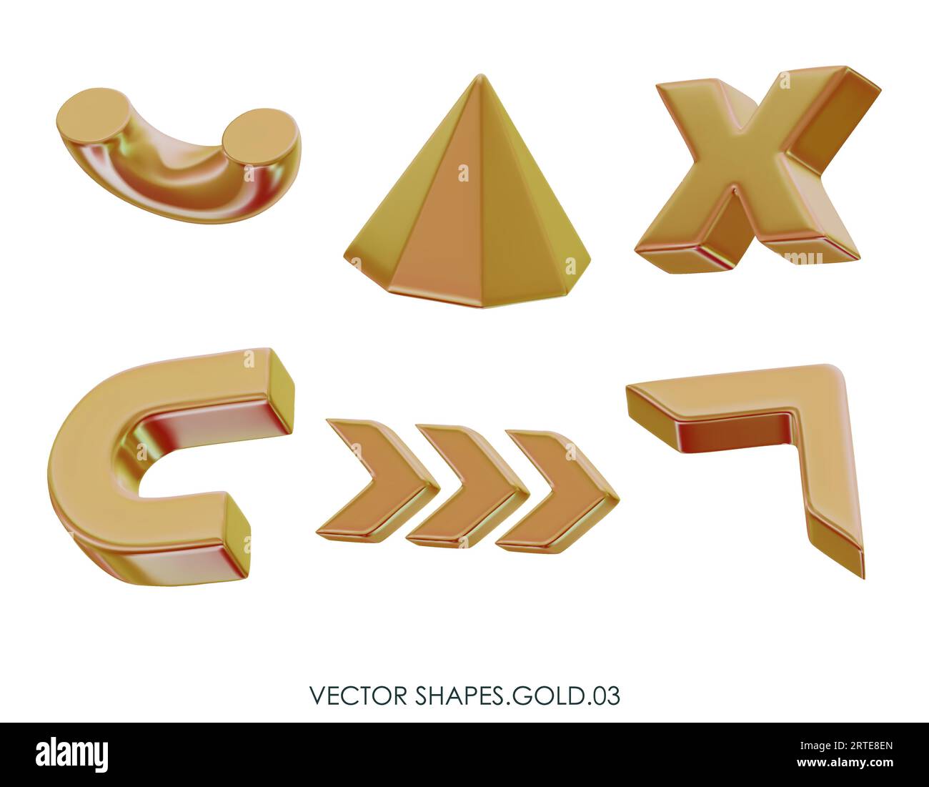 Rendering realistico 3D delle figure d'oro. Oggetti di design metallici gialli. Forme geometriche decorative vettoriali. Piramide, frecce, croce, metà toro. Isolato Illustrazione Vettoriale