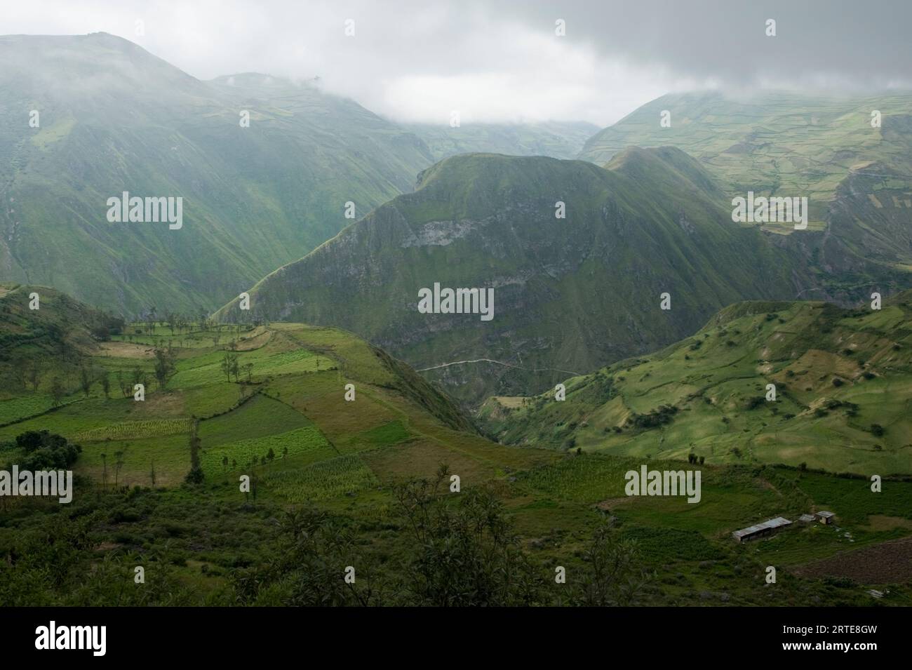 Vista panoramica dei campi verdi e delle montagne tra Quito e Limon; Ecuador Foto Stock
