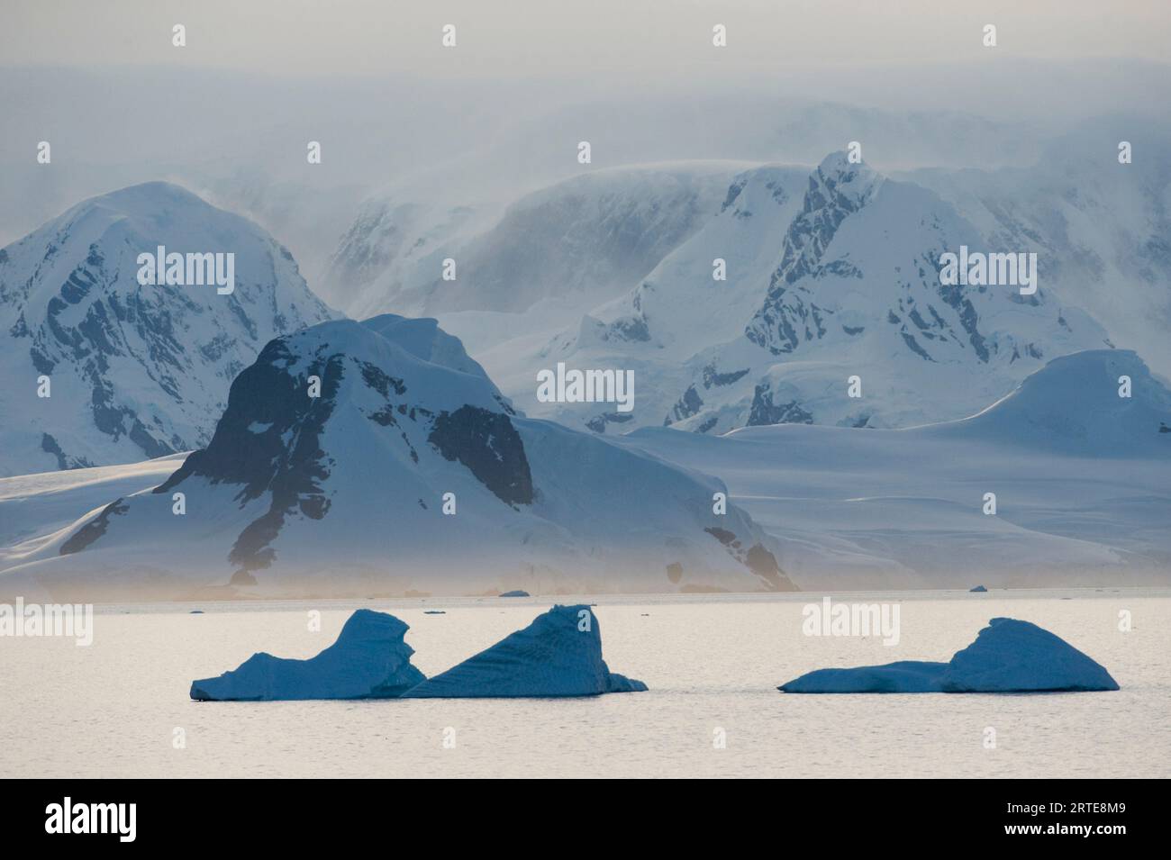 Lato ovest della penisola antartica con montagne innevate e iceberg nell'Oceano meridionale; penisola antartica, Antartide Foto Stock