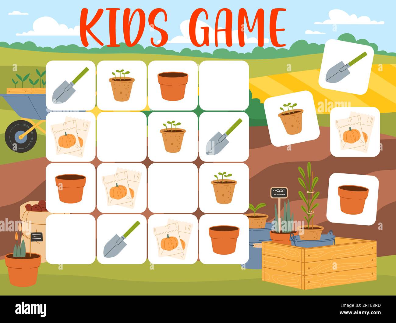 Gioco Sudoku per bambini con attrezzi per contadini e giardinaggio. Foglio di lavoro vettoriale per il gioco a blocchi di cartoni animati o indovinello. Sudoku educativo con piantine di piante, vasi di fiori, pale e semi, carriola e casse Illustrazione Vettoriale