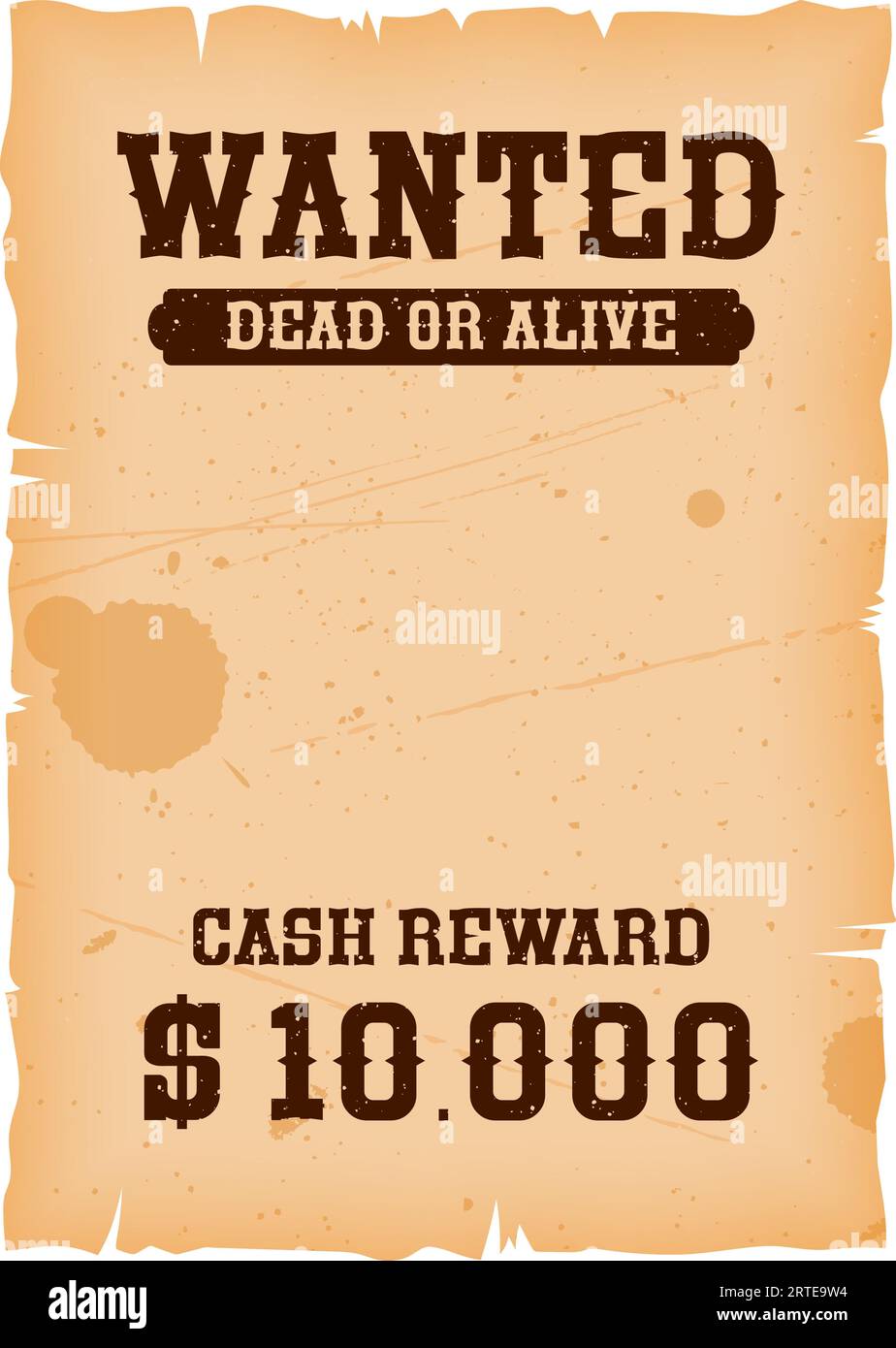 Banner WESTERN Wanted, poster Vector Dead or Alive Wanted con ricompensa. Vecchio ufficio dello sceriffo del selvaggio West o un cartello da parrucchiere su carta strappata d'epoca o pergamena con avviso penale e offerta di ricompensa Illustrazione Vettoriale