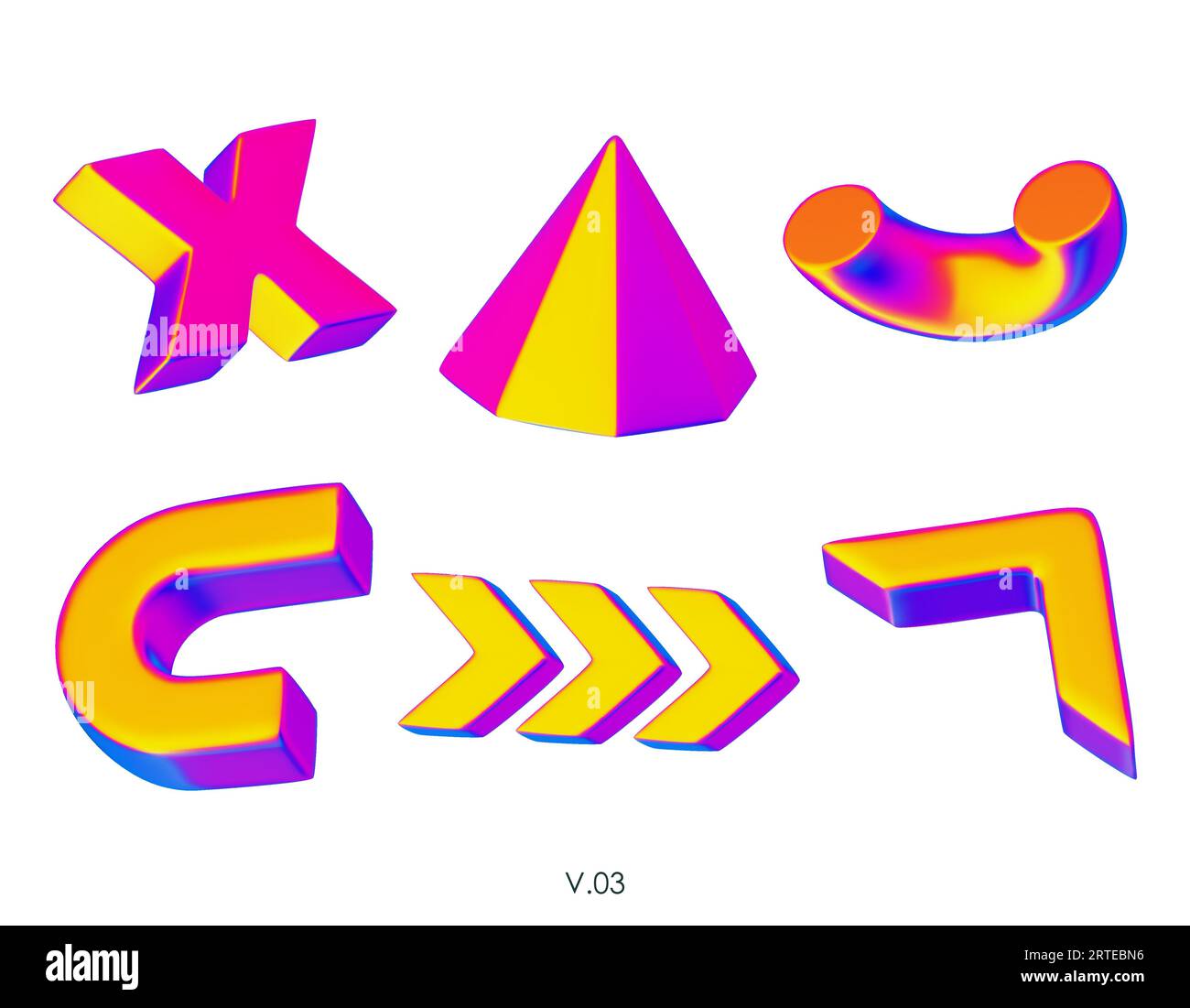 Rendering realistico 3D delle figure geometriche. Oggetti di design vividi e iridiscenti. Forme decorative vettoriali luminose. Piramide, frecce, croce, metà toro. Isolat Illustrazione Vettoriale