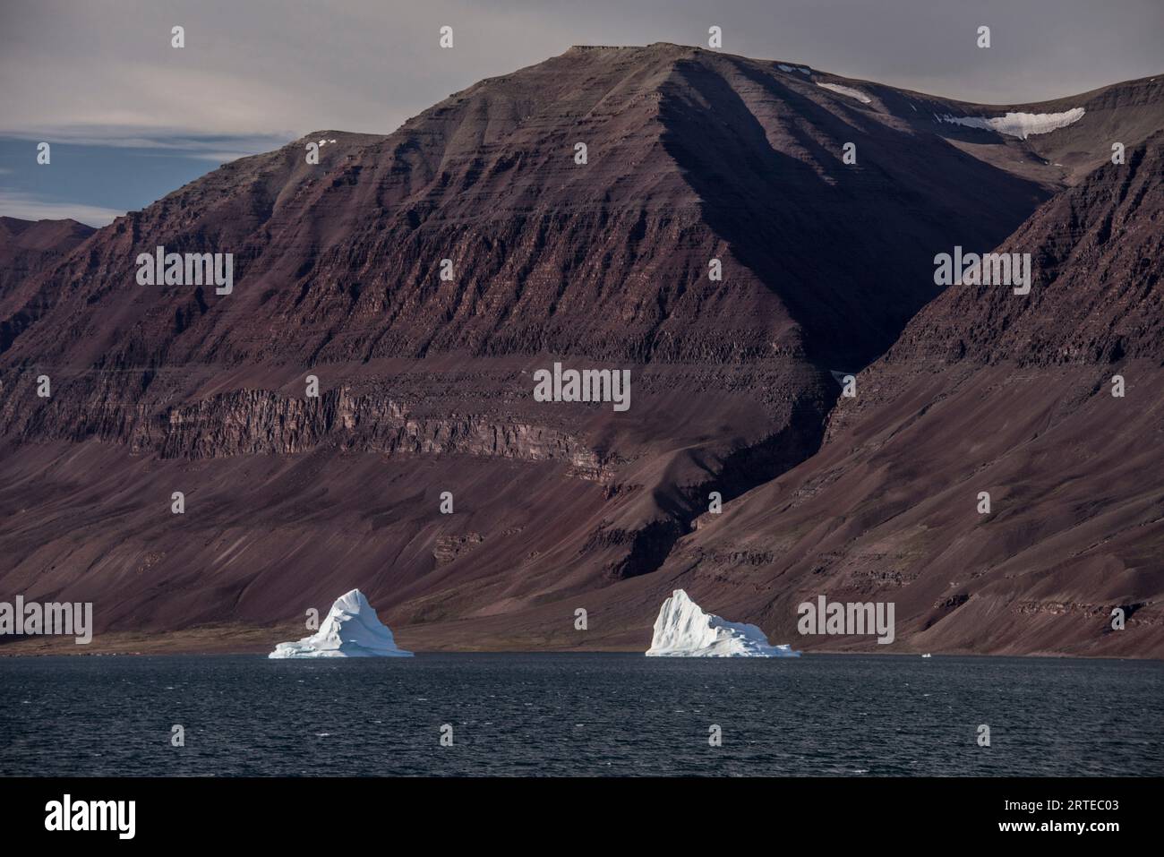 Piccoli iceberg galleggianti nel Kaiser Franz Joseph Fjord della Groenlandia; Groenlandia orientale, Groenlandia Foto Stock